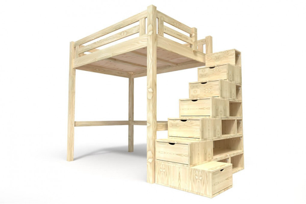 Lit Mezzanine adulte bois 120x200 Alpage hauteur réglable + escalier cube