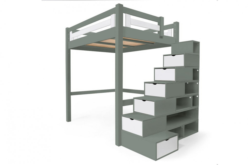 Lit Mezzanine adulte bois 140x200 Alpage hauteur réglable + escalier cube
