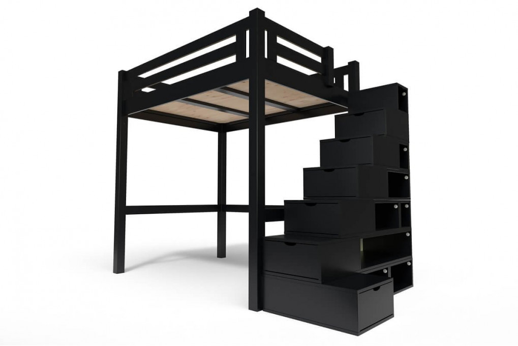 Lit Mezzanine adulte bois 140x200 Alpage hauteur réglable + escalier cube