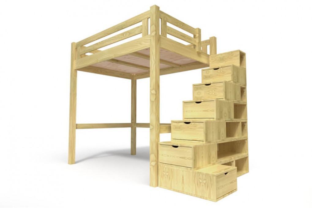 Lit Mezzanine adulte bois 140x200 Alpage hauteur réglable + escalier cube