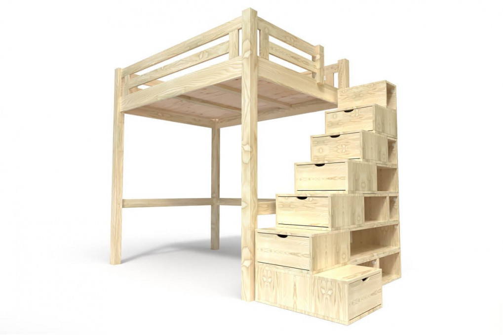 Lit Mezzanine adulte bois 140x200 Alpage hauteur réglable + escalier cube