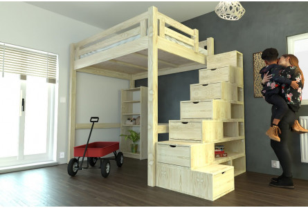 Lit Mezzanine adulte bois 140x200 Alpage hauteur réglable + escalier cube