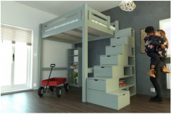 Letto a soppalco adulti legno 140x200 Alpage regolabile in altezza + scala a cubo