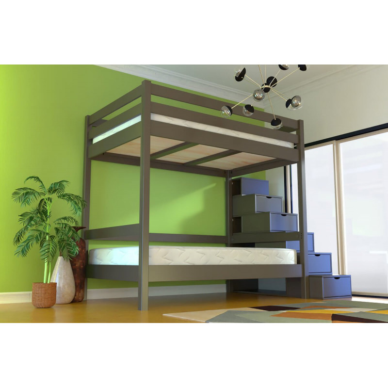 Lit superposé 4 personnes adultes bois escalier cube Sylvia