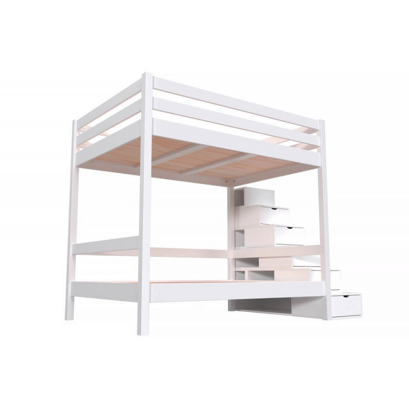 Lit superposé 4 personnes 140x200 adultes bois escalier cube Sylvia