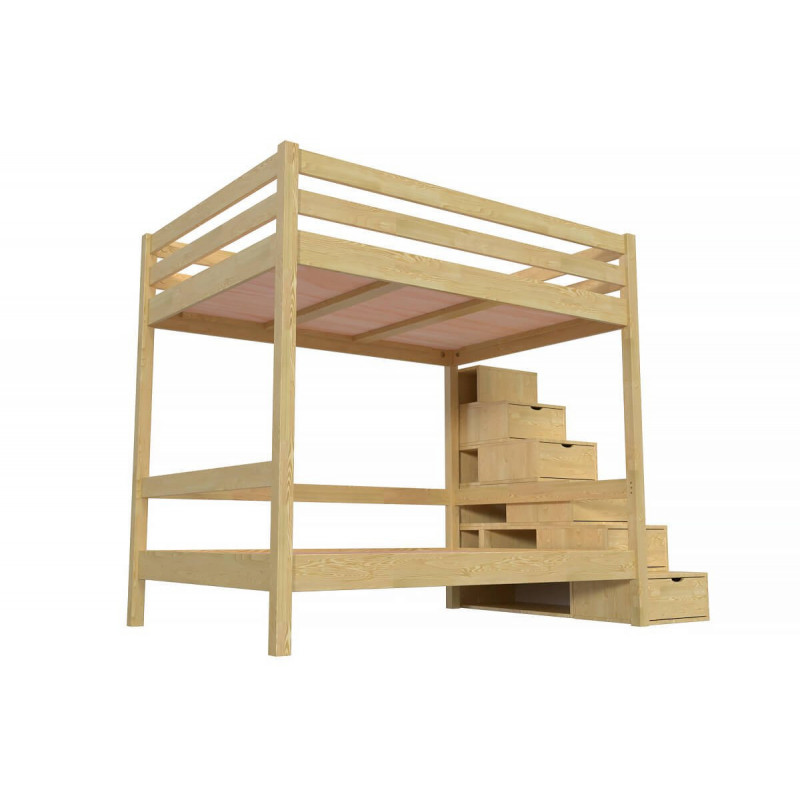 Lit superposé 4 personnes 140x200 adultes bois escalier cube Sylvia