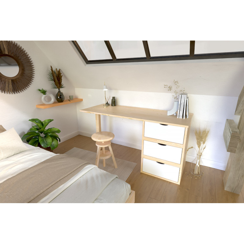 Bureau bois massif 3 tiroirs - collection CUBE - finition vernis transparent/blanc