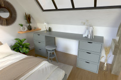 Bureau bois massif long 6 tiroirs cube