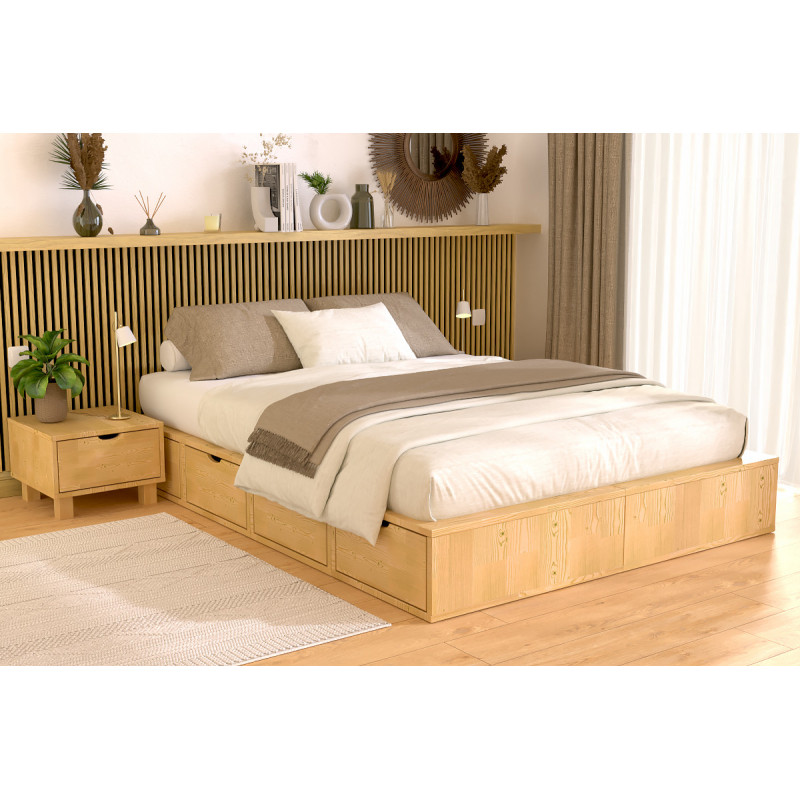 Stauraumbett 140x200 in honigfarbenem Finish
