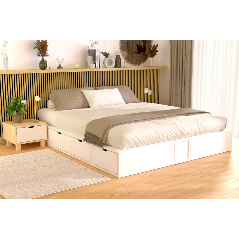 Lit avec tiroirs 160x200 en finition blanche