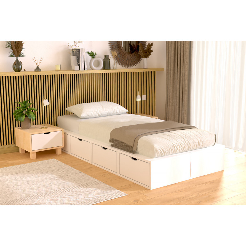 Lit avec tiroirs 90x200 en finition blanche