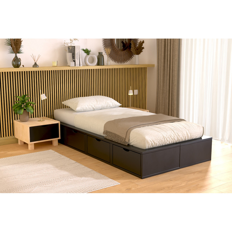 Stauraumbett 90x200 - Satinlack schwarz
