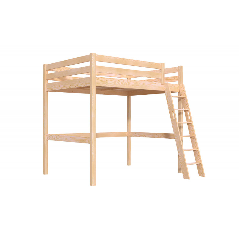 Mezzanine bed 140x190 natural wood water-based varnish and inclined ladder