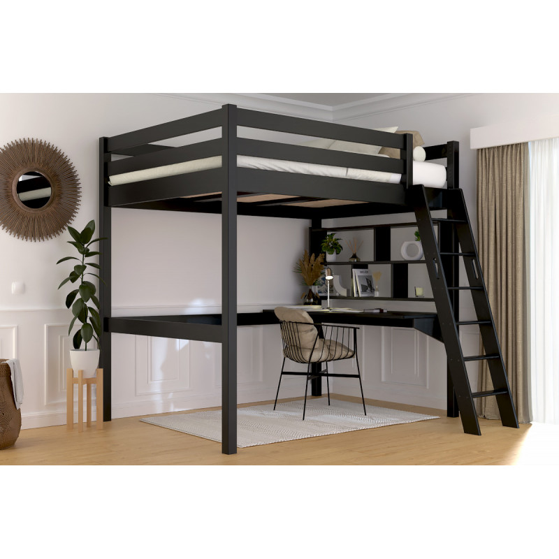 Lit mezzanine en bois massif pour adulte en 140x190 avec vernis noir sans solvants - échelle inclinée