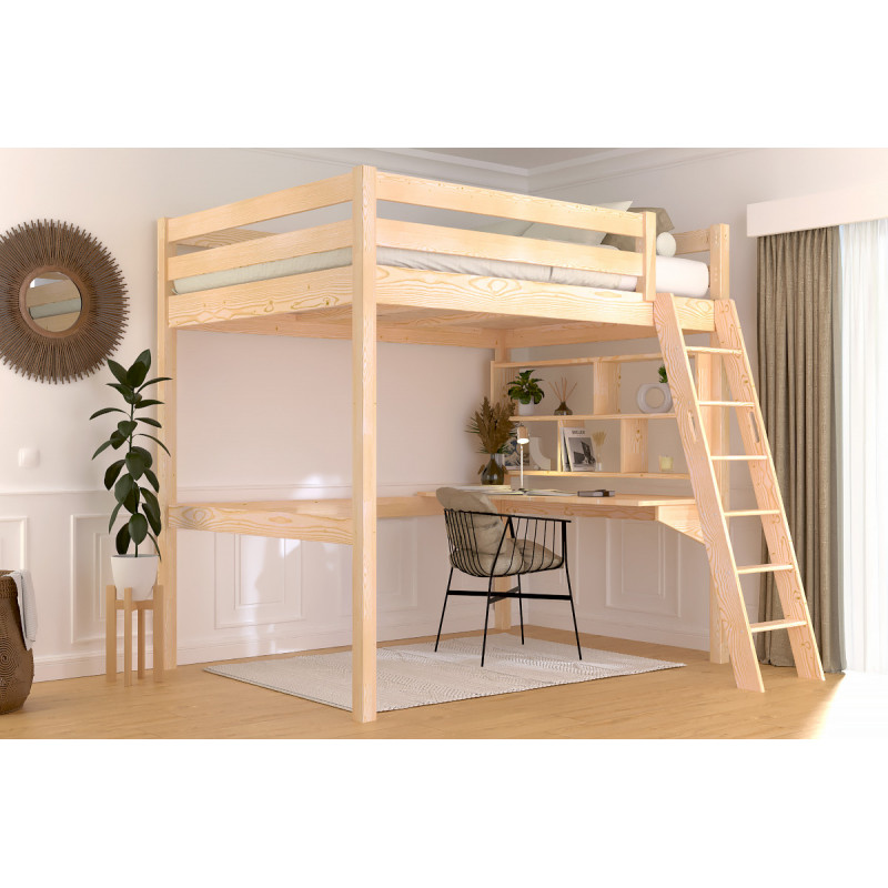 Mezzanine bed 140x190 for adults and children in solid wood with natural varnish and inclined ladder