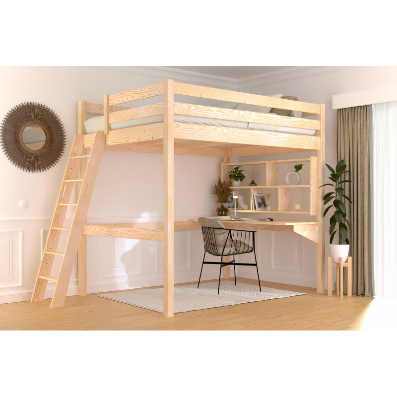 Lit mezzanine adulte 140x200 échelle inclinée fabriqué en France, en bois massif, vernis naturel sans solvants
