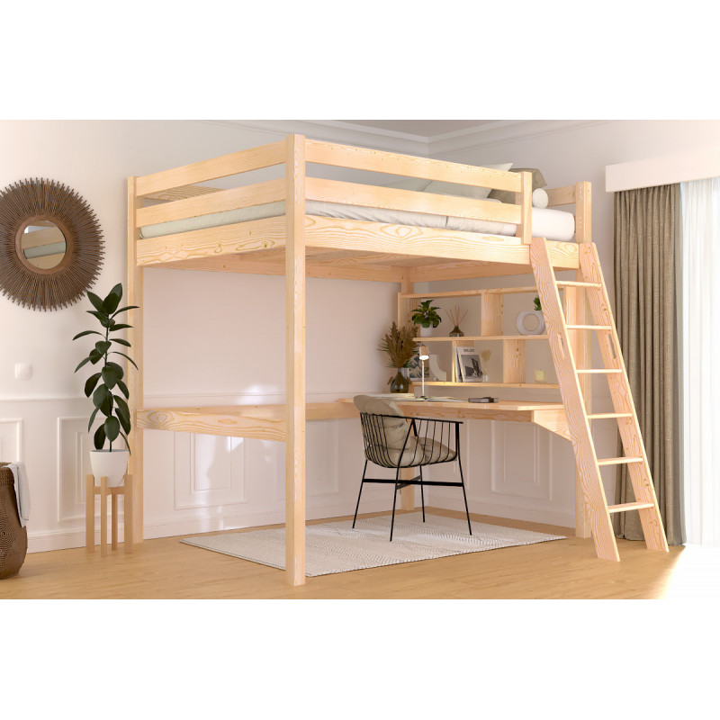 Lit mezzanine adulte en bois massif 140x200 fabriqué en France avec échelle inclinée et vernis naturel