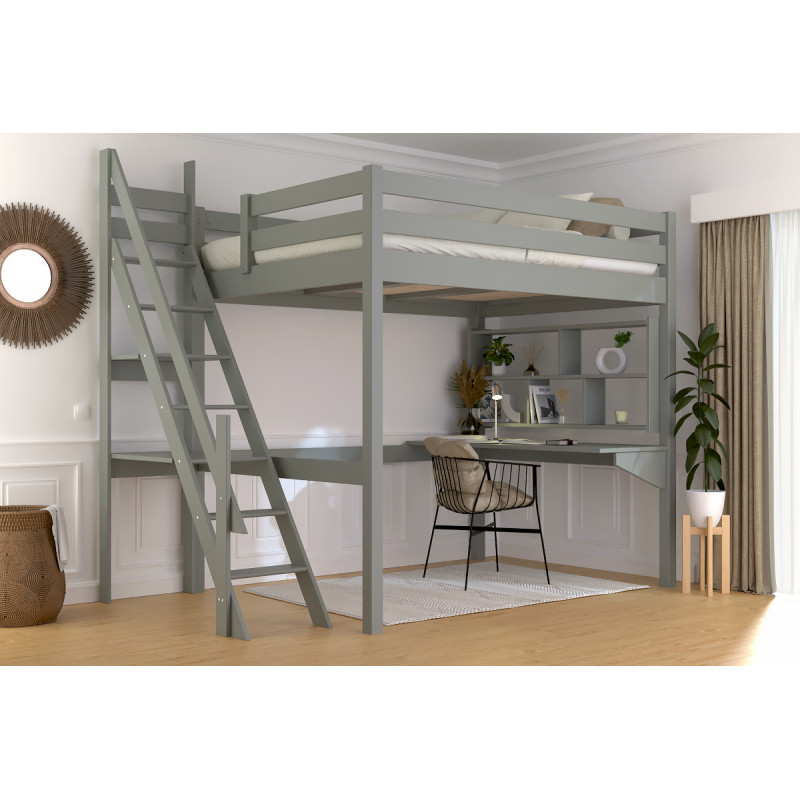 Lit mezzanine adulte 140x200 en bois massif vernis gris avec escalier de meunier