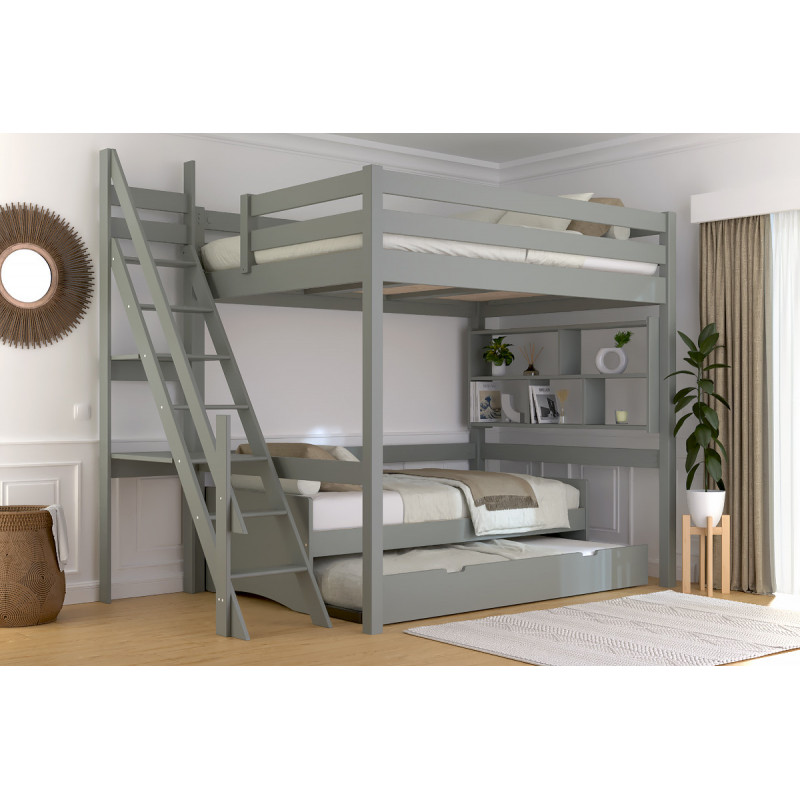 Mezzanine 2 places 140x200 avec escalier de meunier – en bois massif vernis à l’eau gris