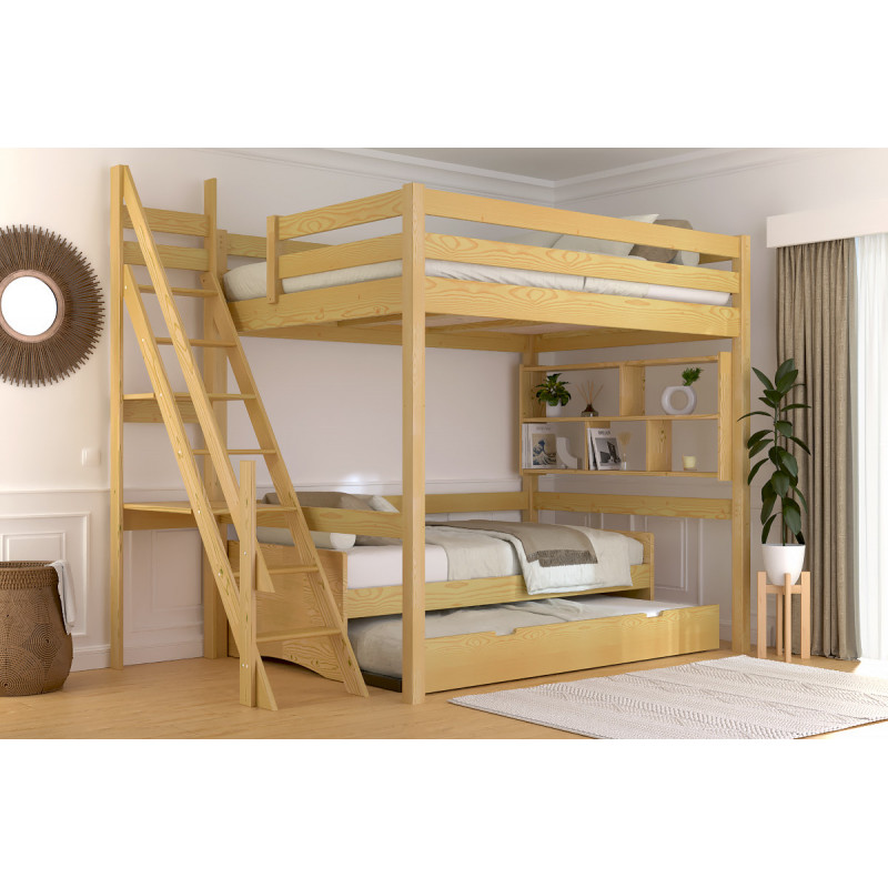 Mezzanine 2 places 140x200 avec escalier de meunier – en bois massif vernis à l’eau miel