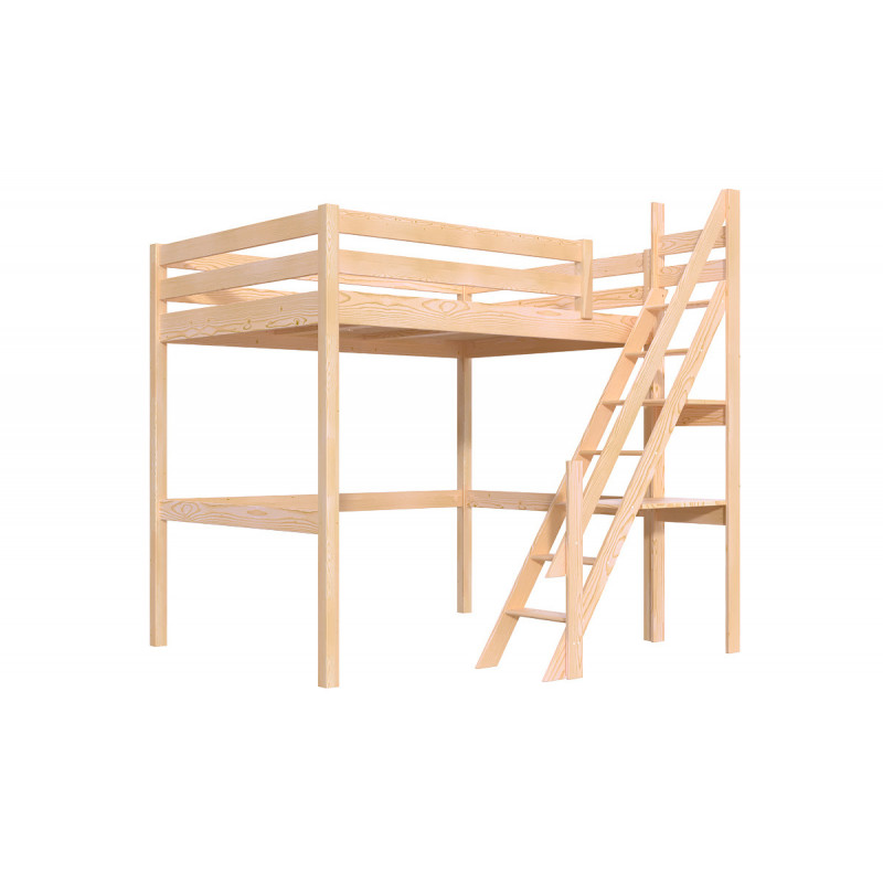 Cama elevada en pino macizo con peldaños de carpintería - sin barnizar