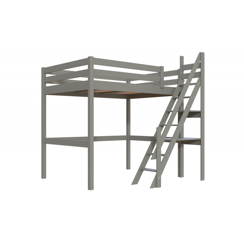 Lit 2 places en hauteur 140x200 en pin massif avec escalier de meunier – vernis sans solvants gris