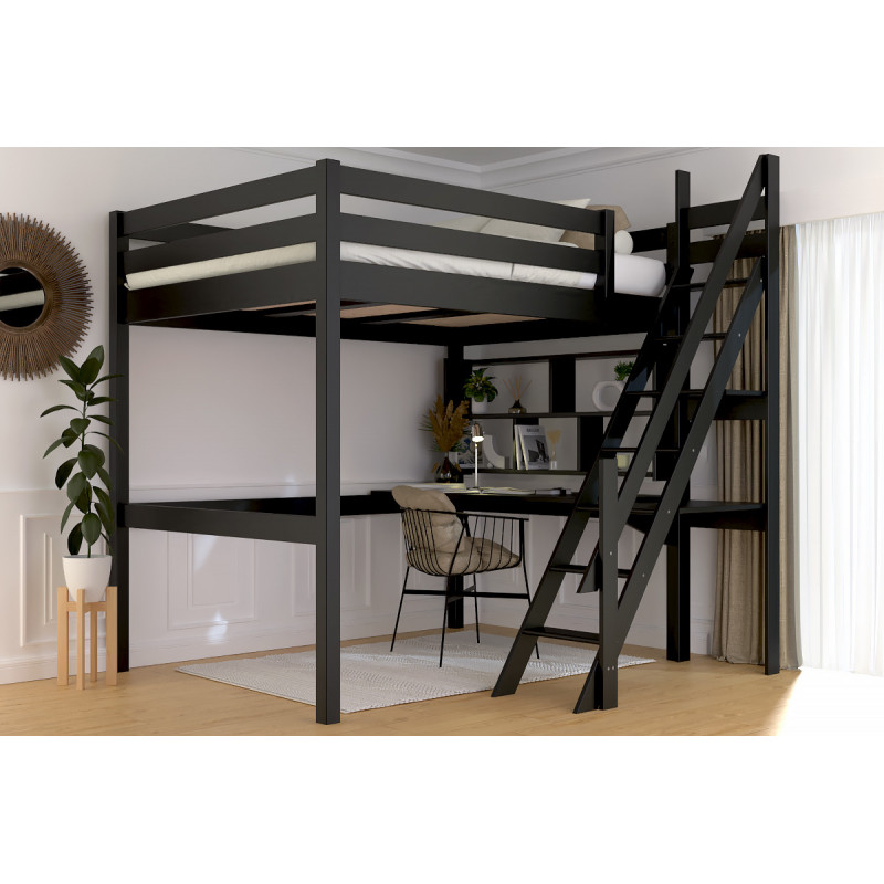 Lit mezzanine double 140x200 avec escalier de meunier – structure en pin massif avec vernis noir à base d’eau