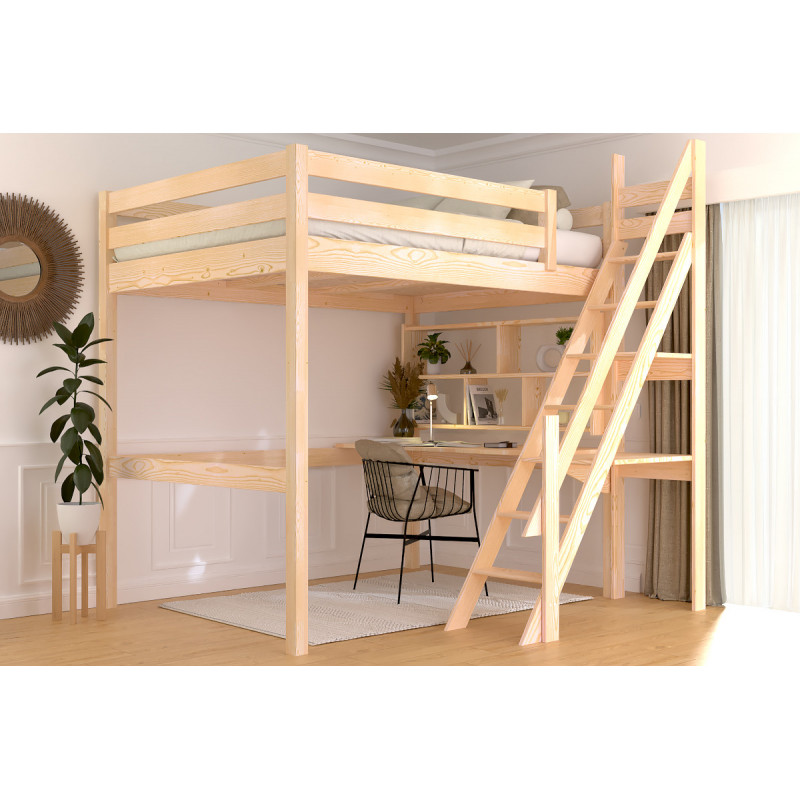 Cama alta doble 140x200 con escalera de molinero - estructura de pino macizo sin tratar