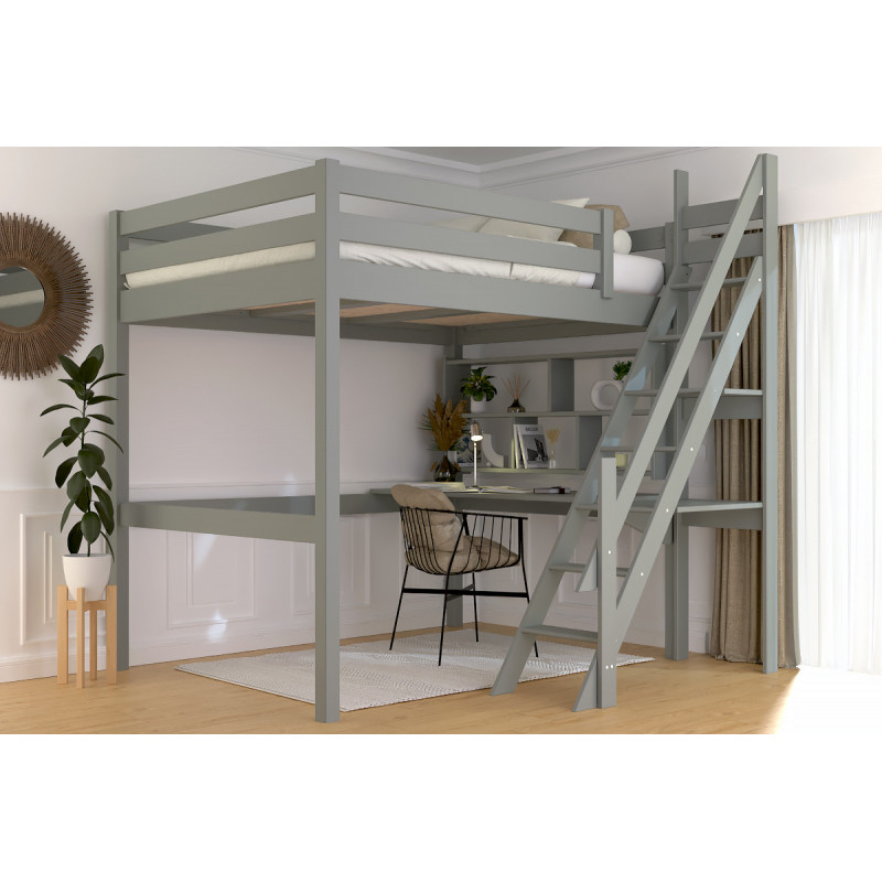 Lit mezzanine double 140x200 avec escalier de meunier – structure en pin massif avec vernis à base d’eau gris