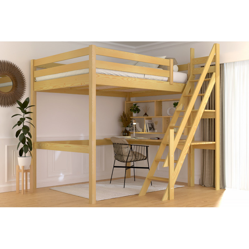 Lit mezzanine double 140x200 avec escalier de meunier – structure en pin massif avec vernis miel à base d’eau