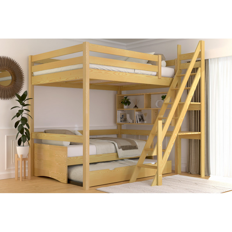 Lit en hauteur 140x200 pour deux personnes, bois massif avec escalier de meunier miel