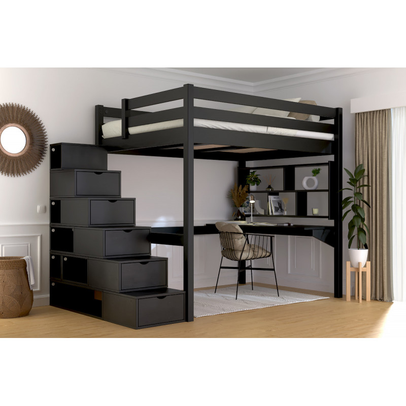 Letto soppalco in legno massiccio con scala cubica modulabile, vernice nera priva di solventi