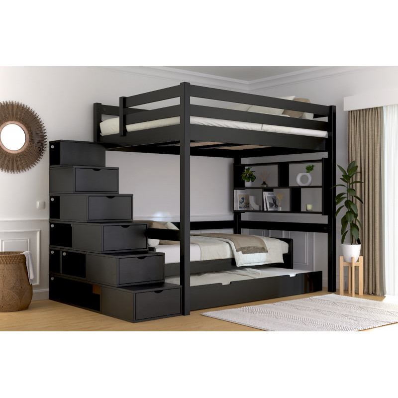 Letto soppalco matrimoniale 140x200 con scala modulare a cubo - in legno massiccio verniciato all'acqua in nero