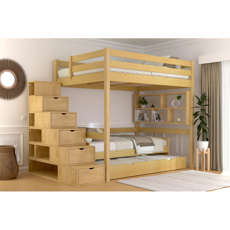 Mezzanine 2 places 140x200 avec escalier cube modulable – en bois massif vernis à l’eau miel