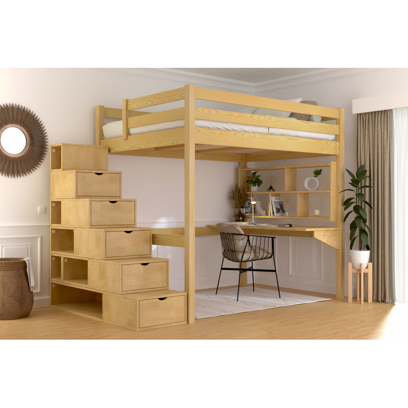 Lit mezzanine adulte 140x200 en bois massif avec escalier cube modulable, vernis miel sans solvants
