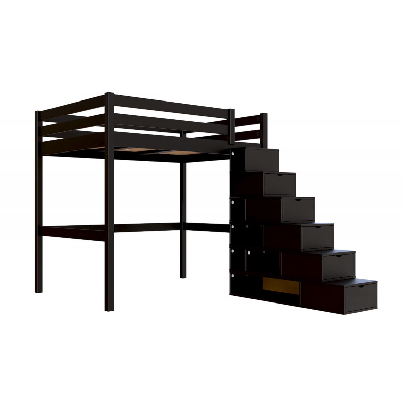 Letto soppalco 140x200 in pino massiccio con scala a cubetti - vernice nera a base d'acqua