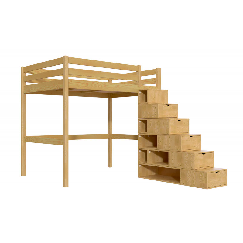 Lit 2 places en hauteur 140x200 en pin massif avec escalier cube – vernis miel à base d’eau