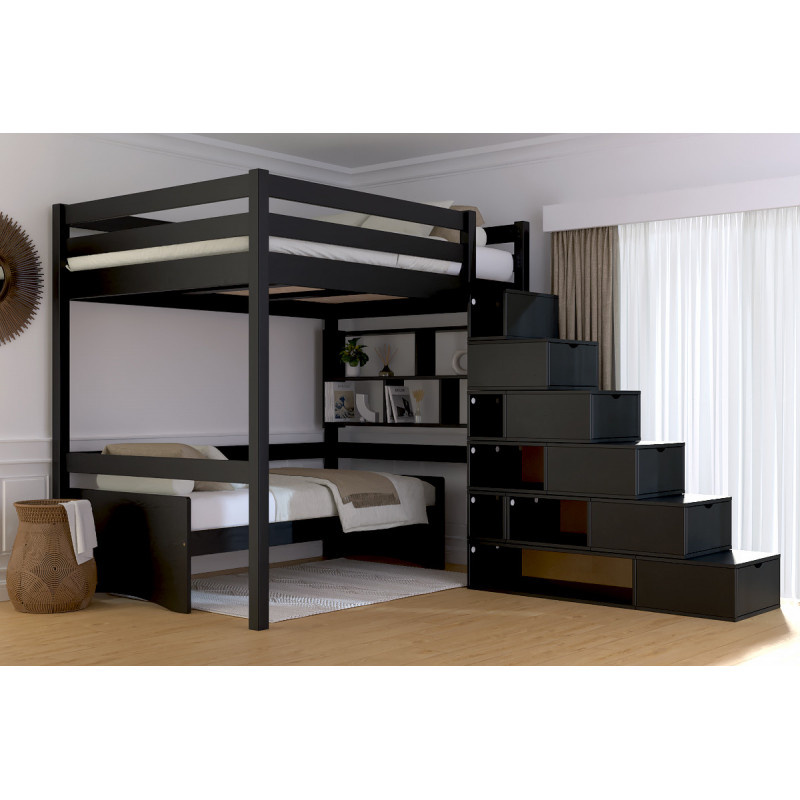 Letto matrimoniale alto 140x200, in legno massiccio verniciato nero con scala di contenimento integrata