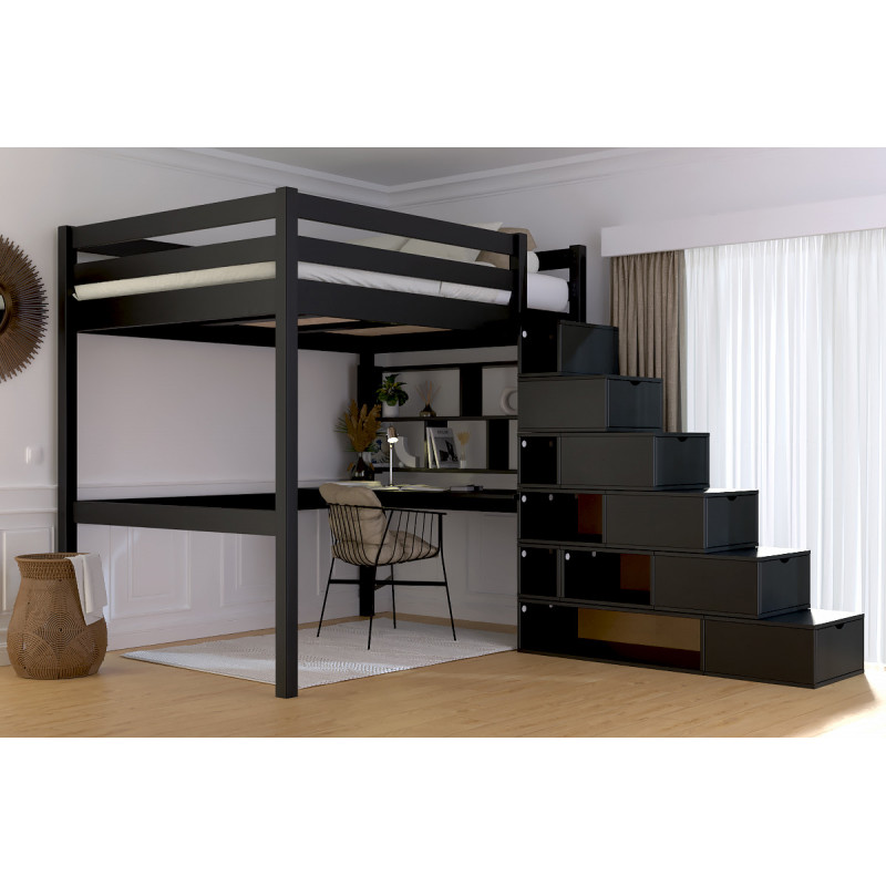 Letto matrimoniale a soppalco 140x200 con scala a cubo - struttura in pino massiccio con vernice nera