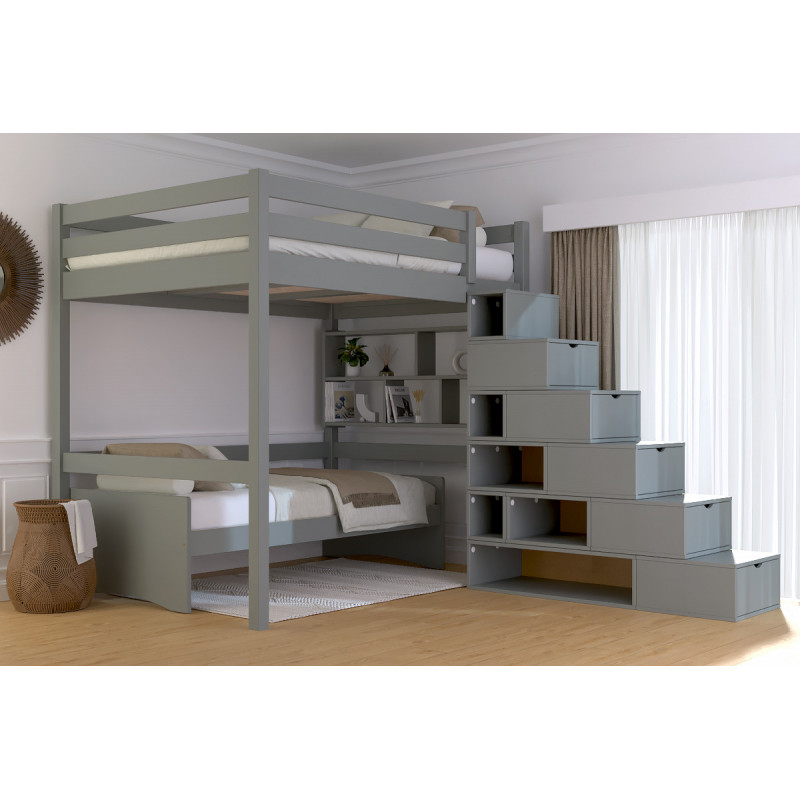 Hochbett 140x200 für zwei Personen, grau lackiertes Massivholz mit integrierter Aufbewahrungstreppe
