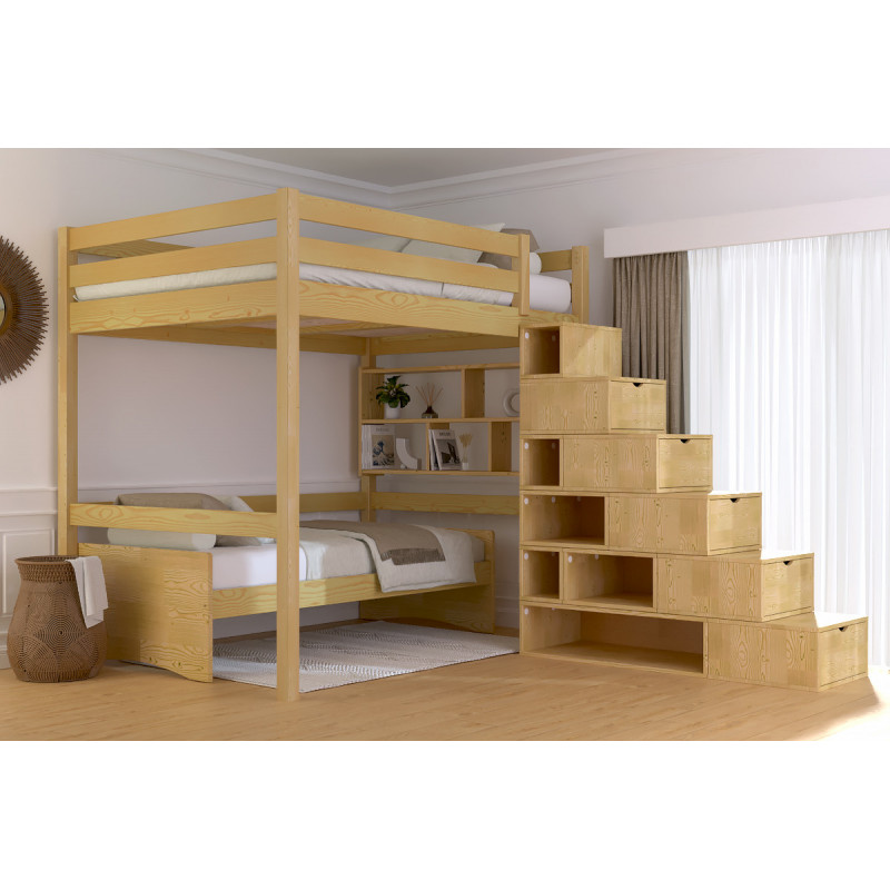 Lit en hauteur 140x200 pour deux personnes, bois massif vernis miel avec escalier de rangement intégré