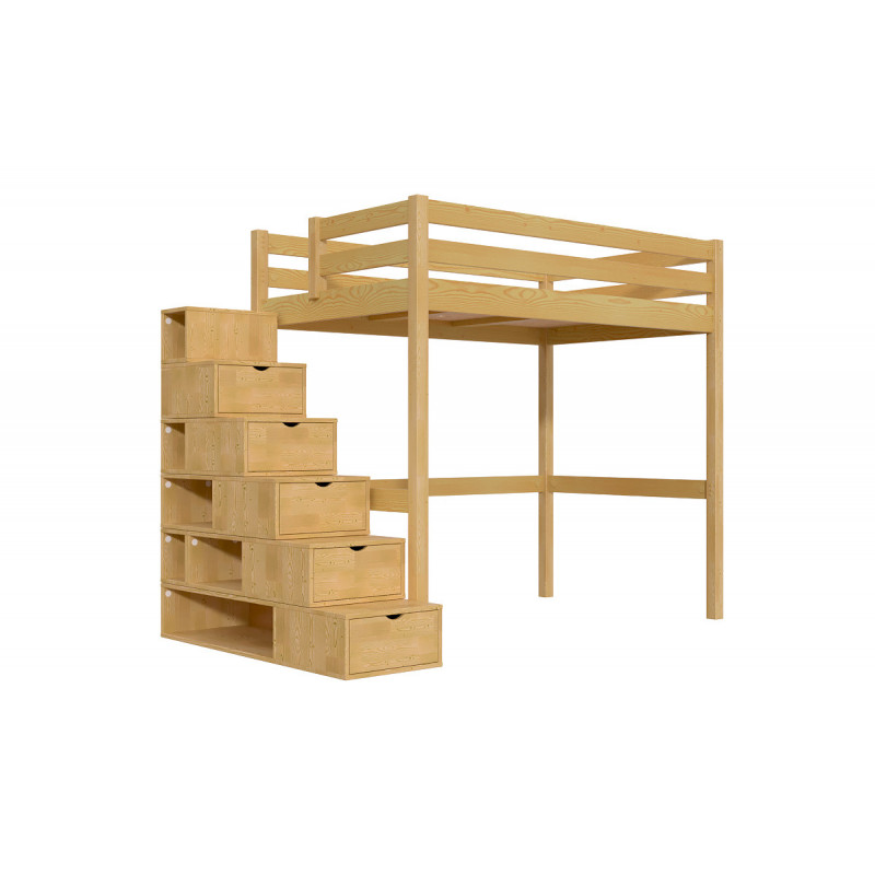 Lit mezzanine bois 120x200 Sylvia avec escalier cube