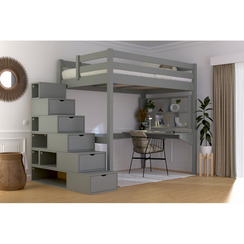 Lit mezzanine vernis gris sans solvants accès escalier cube