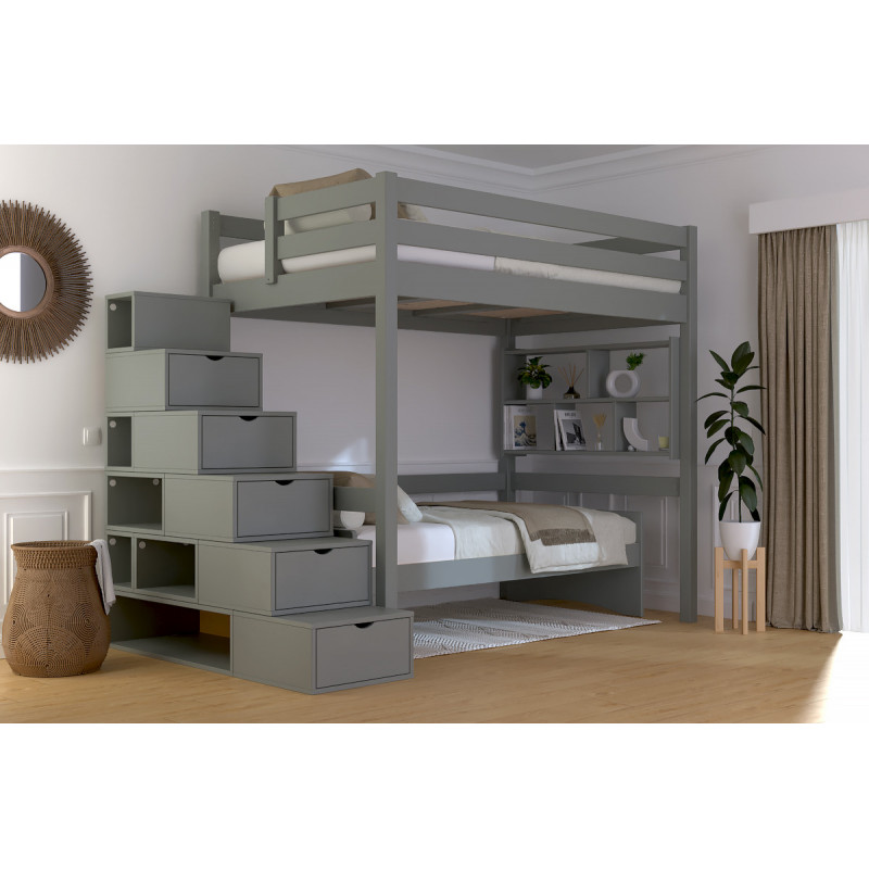 Lit en hauteur en finition grise accès escalier cube