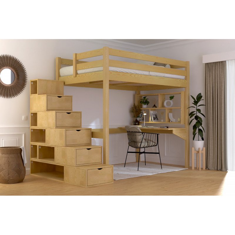 Lit mezzanine vernis miel sans solvants accès escalier cube