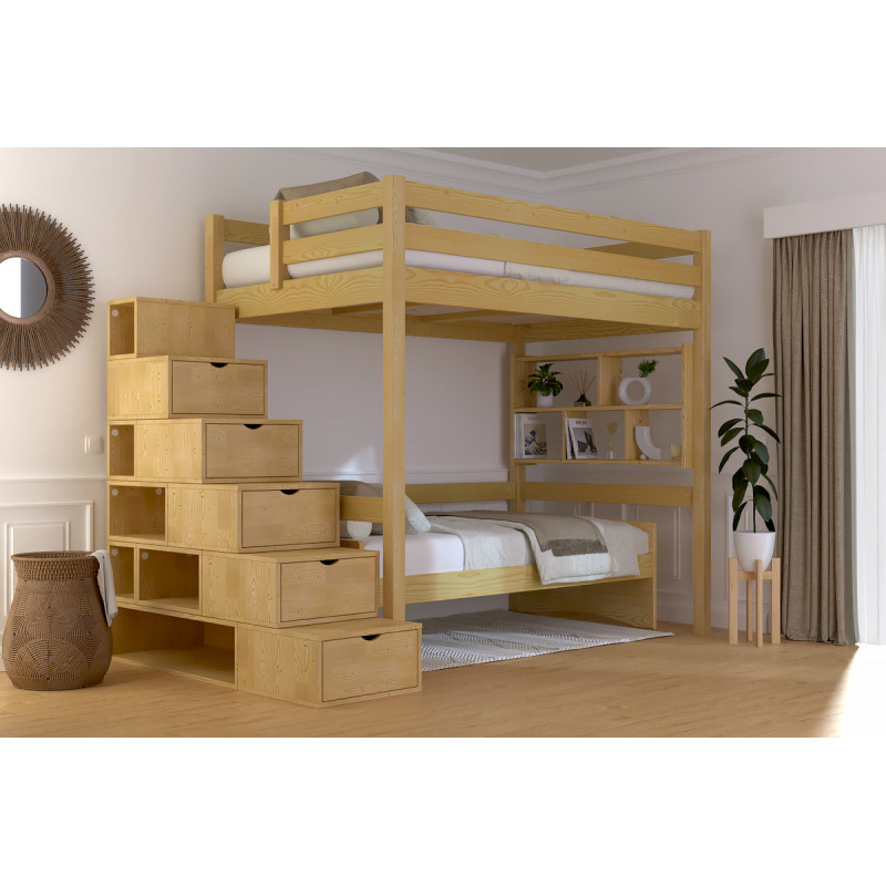 Lit en hauteur en finition miel accès escalier cube