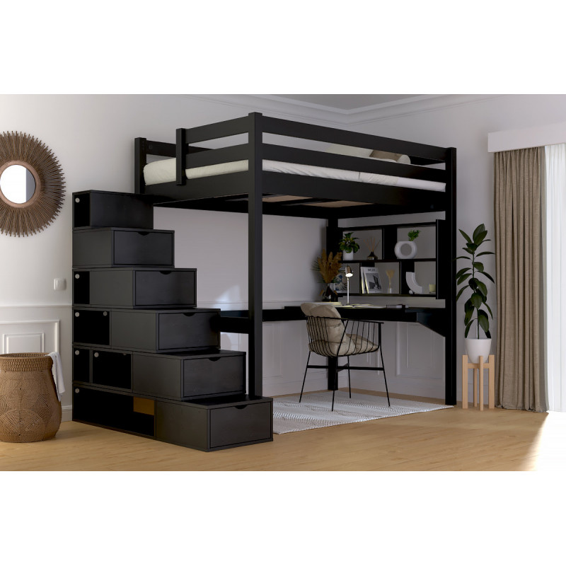 Solvent-free black varnished high bed with cube staircase