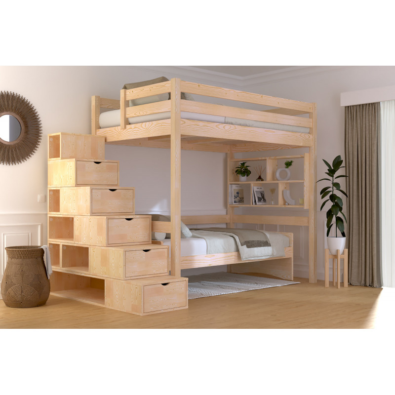 Letto soppalco con finitura verniciata naturale con scala cubica
