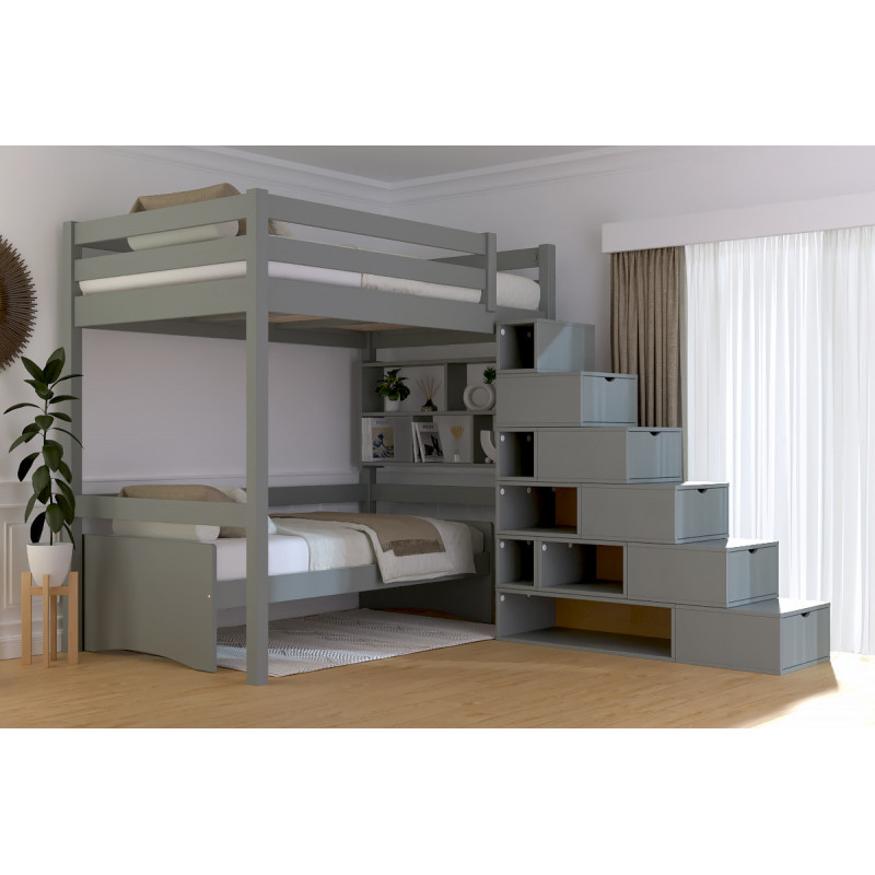 Lit mezzanine adulte 120x200 accès escalier cube avec vernis gris sans solvants