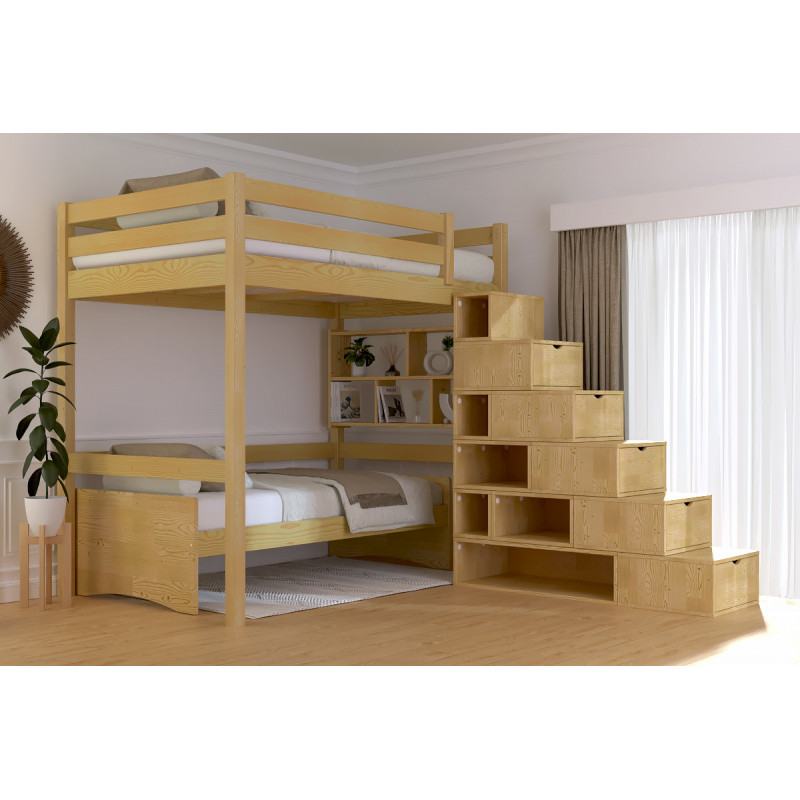 Lit mezzanine adulte 120x200 accès escalier cube avec vernis miel sans solvants